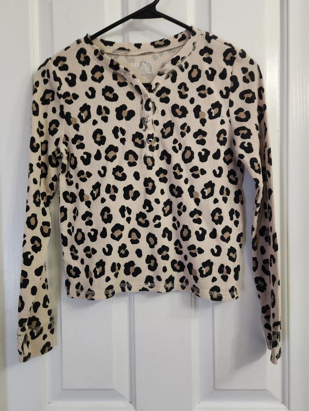 Girls' Leopard Print Henley Top - Beige/Black